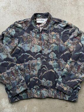 Vintage 90s Equestrian Polo Tapestry AOP Full Zip Bomber Jacket USA Size L